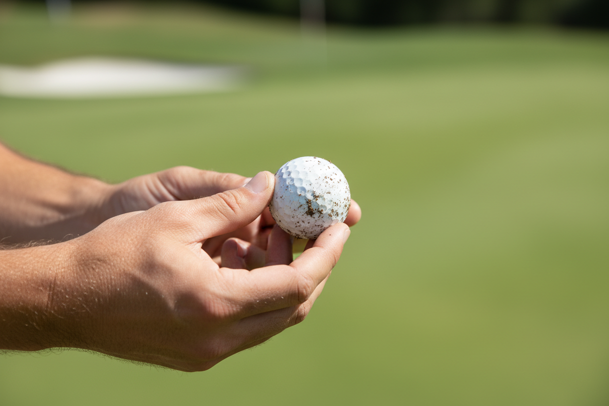 Beskidt golfbold med jord løftet op fra greenen - vigtigheden af at rengøre golfbolden under en runde