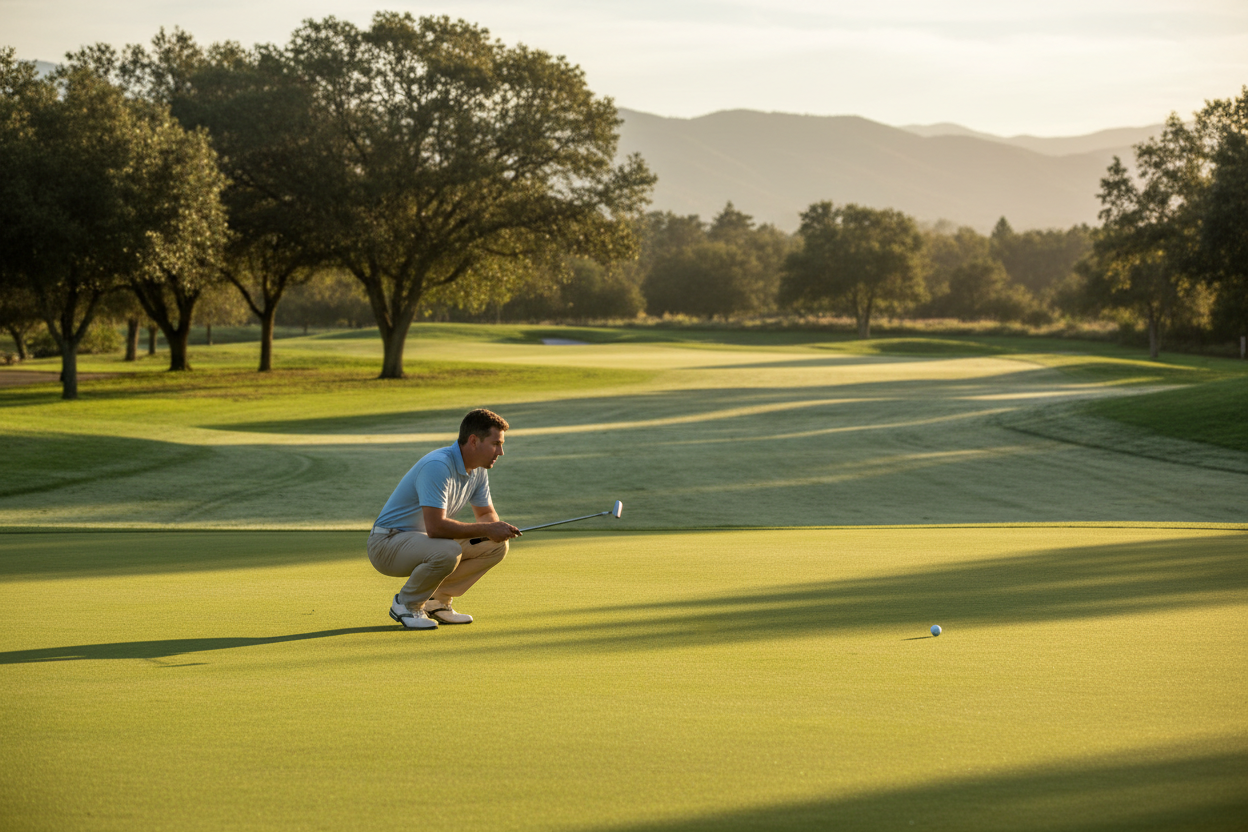 Golfspiller i koncentreret rutine på greenen - hvordan en fast rutine giver mere ro i spillet